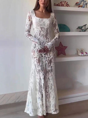 Aurohaya Exquisite Lace Square-neck Long-sleeved Maxi Dress White