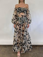 Aurohaya Elegant Off-Shoulder Printed Puff Sleeve Maxi Dress Multicolor