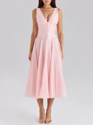Aurohaya Elegant V-neck Chiffon Button Midi Dress