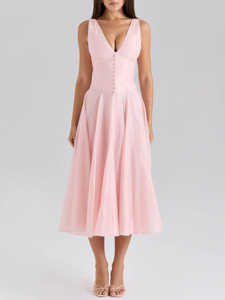 Aurohaya Elegant V-neck Chiffon Button Midi Dress