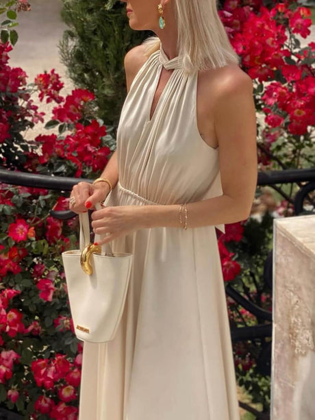 Aurohaya Elegant Off-The-Shoulder Tie Waist Satin Maxi Dress
