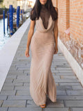 Elegant Sheer Drape-Neck Ruched Front Maxi Dress