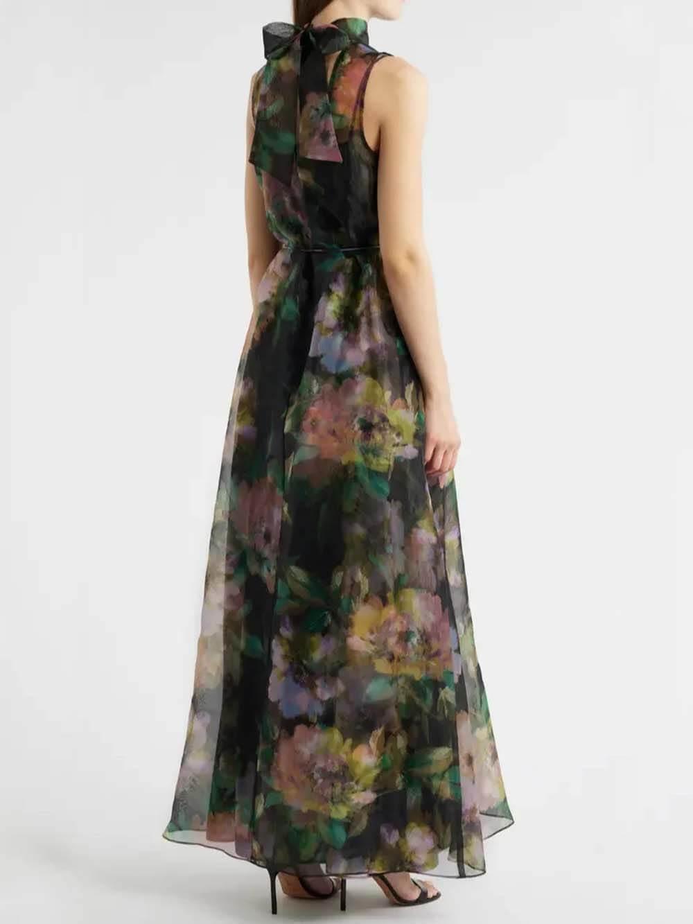 Aurohaya Unique Floral Print Tie-Drawn Chiffon Cocktail Maxi Dress