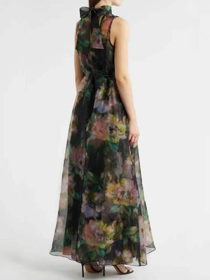 Aurohaya Unique Floral Print Tie-Drawn Chiffon Cocktail Maxi Dress