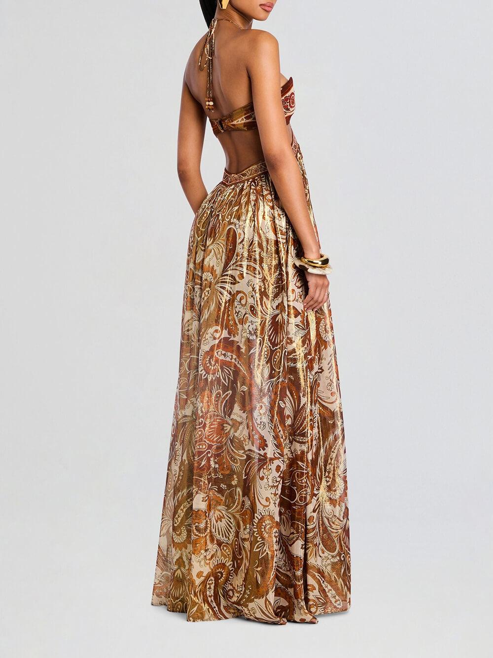 Aurohaya Elegant Hollow Print Halter Neck Backless Maxi Dress