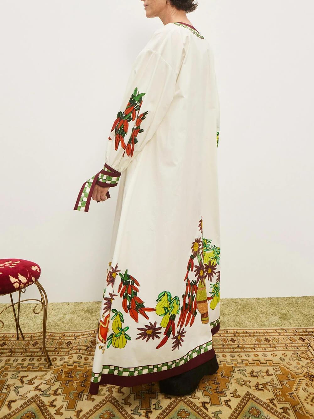 Aurohaya Unique Floral Print V-Neck Cuff Buttons Loose Maxi Dress