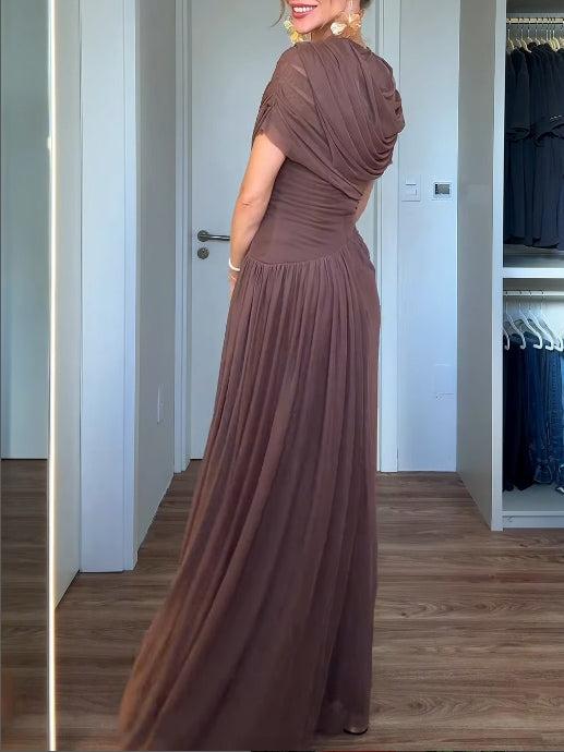 Aurohaya Elegant Asymmetrical Pleated Mesh Short-sleeved Maxi Dress