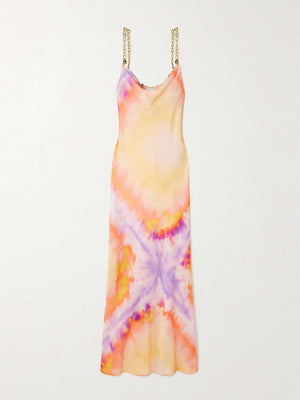 Aurohaya Exquisite Chain-Embellished Tie-Dye Satin Maxi Dress