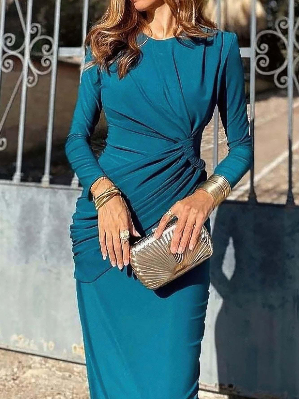 Aurohaya Elegant Crew Neck Pleated Wrap Hem Maxi Dress
