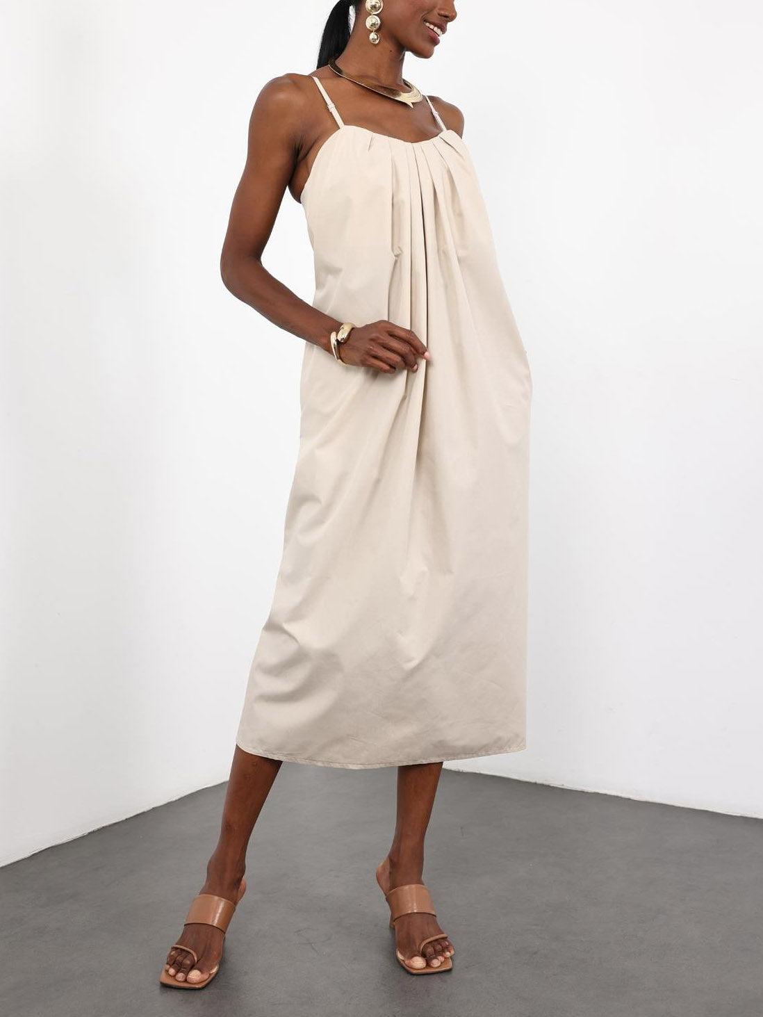 Aurohaya Elegant Beige Pleated Sweetheart Neck Maxi Dress