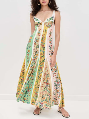 Aurohaya Casual Patchwork Floral Print A-line Maxi Dress Multic