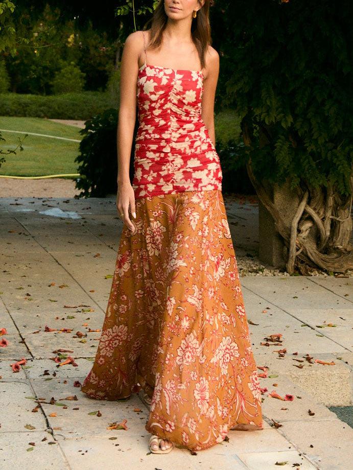 Aurohaya Unique Two-tone Floral Print Pleated Flowy Maxi Dress