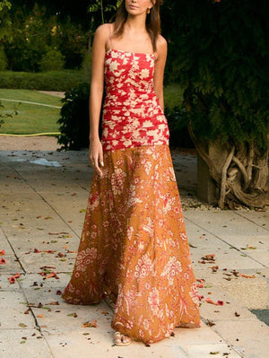 Aurohaya Unique Two-tone Floral Print Pleated Flowy Maxi Dress