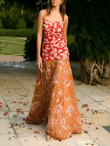 Aurohaya Unique Two-tone Floral Print Pleated Flowy Maxi Dress