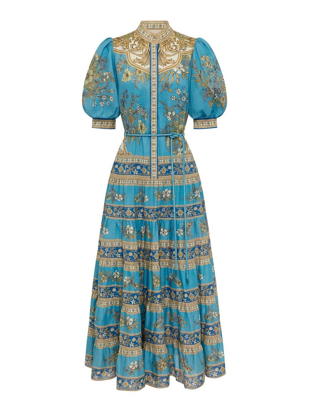 Aurohaya Unique Floral Print Puff Sleeve Tiered Shirt Maxi Dress
