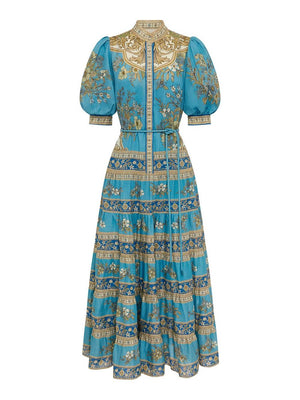 Aurohaya Unique Floral Print Puff Sleeve Tiered Shirt Maxi Dress
