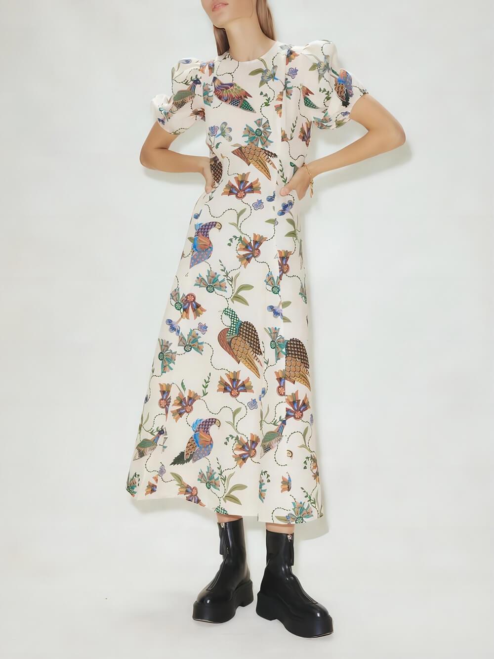 Aurohaya Effortless Artistic Bird Print Bodycon Dress