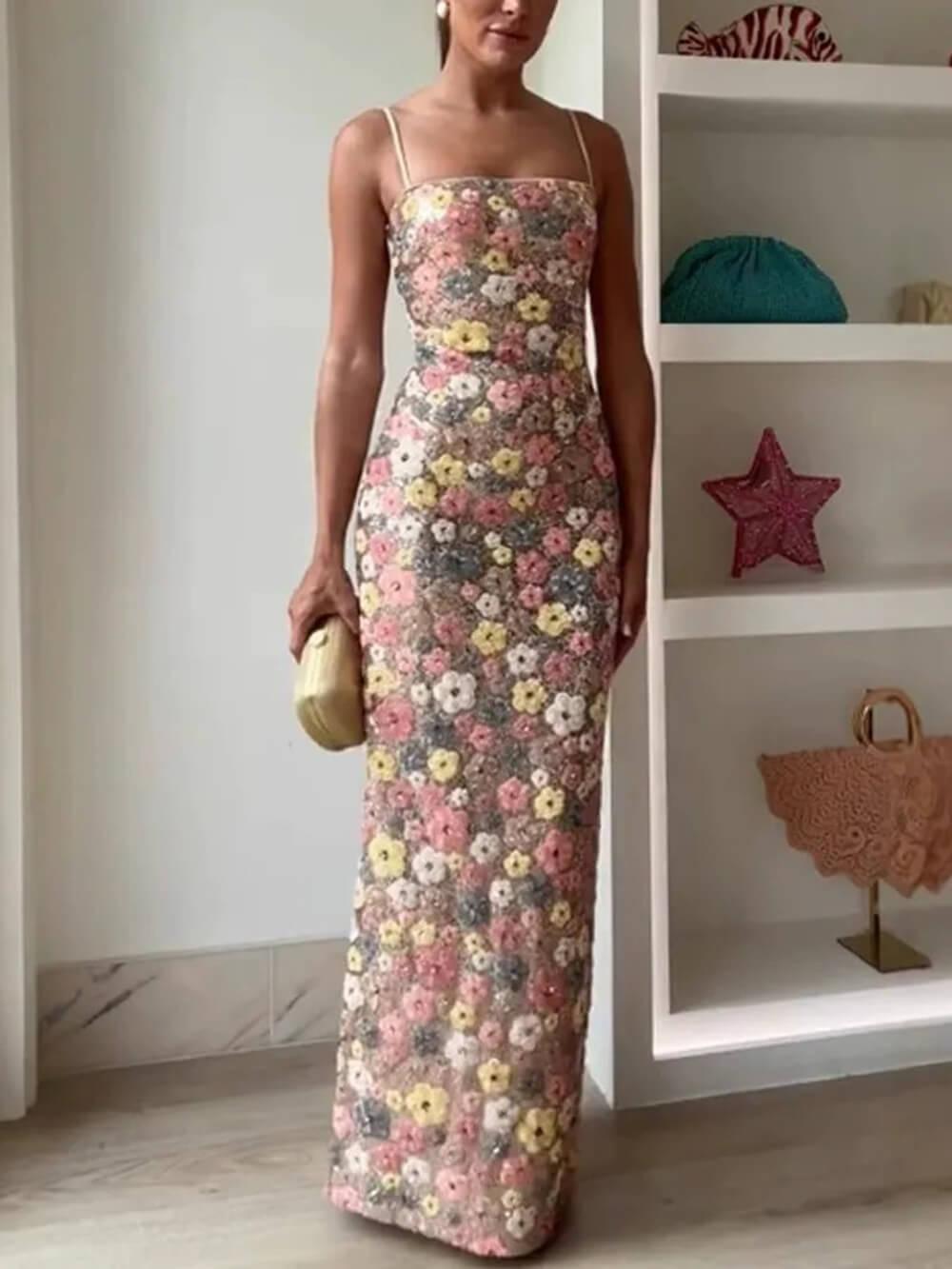 Aurohaya Retro Inspired Floral Print Sequin Square Neck Slip Stretch Maxi Dress Pink
