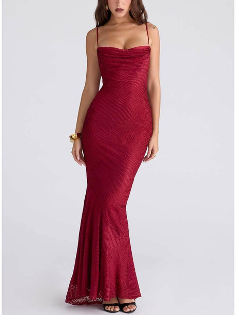 Aurohaya Elegant Low-Neck Burnout Satin Party Maxi Dress