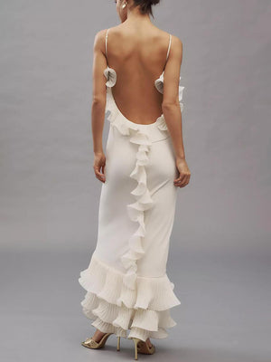 Aurohaya Elegant Pleated Chiffon Ruffle Trim Spaghetti Strap Maxi Dress