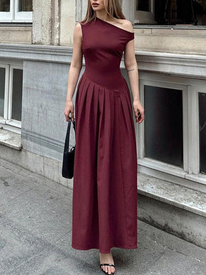 Aurohaya Elegant Off-shoulder Neckline Pleated Maxi Dress Dark Red