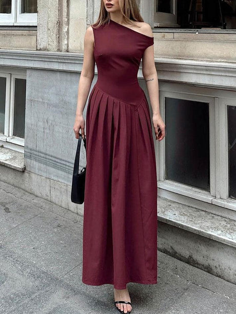 Aurohaya Elegant Off-shoulder Neckline Pleated Maxi Dress Dark Red