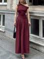 Aurohaya Elegant Off-shoulder Neckline Pleated Maxi Dress Dark Red