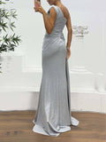 Elegant Sequins One-Shoulder Slit Pleats Evening Maxi Dress