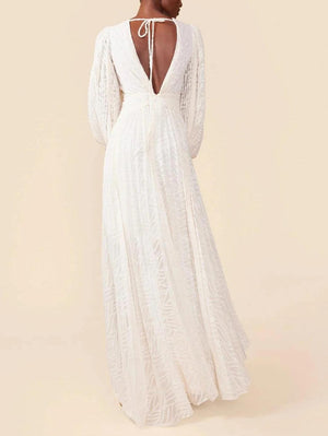 Aurohaya Elegant V-neck Pleated Long-sleeved Maxi Dress