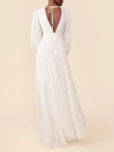Aurohaya Elegant V-neck Pleated Long-sleeved Maxi Dress