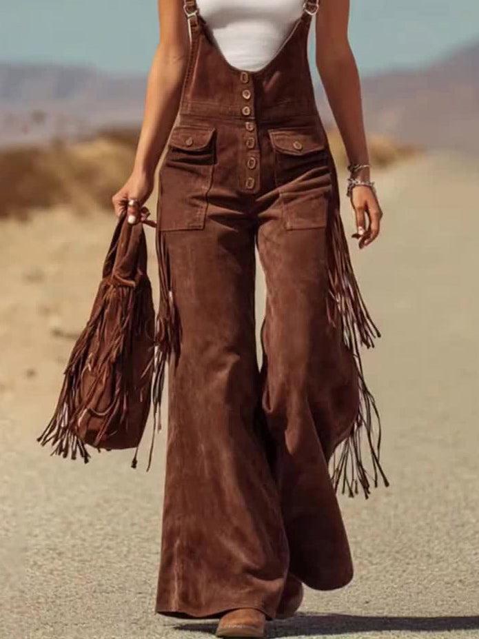 Aurohaya Retro Faux Suede Flared Overalls