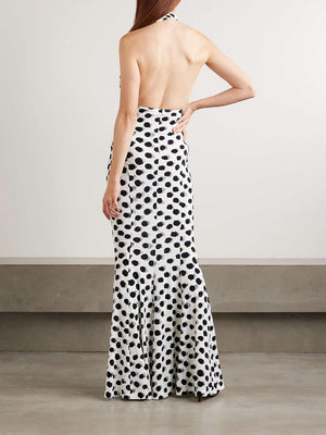 Aurohaya Elegant Cutout Polka Dot Print Stretch Halter Maxi Dress