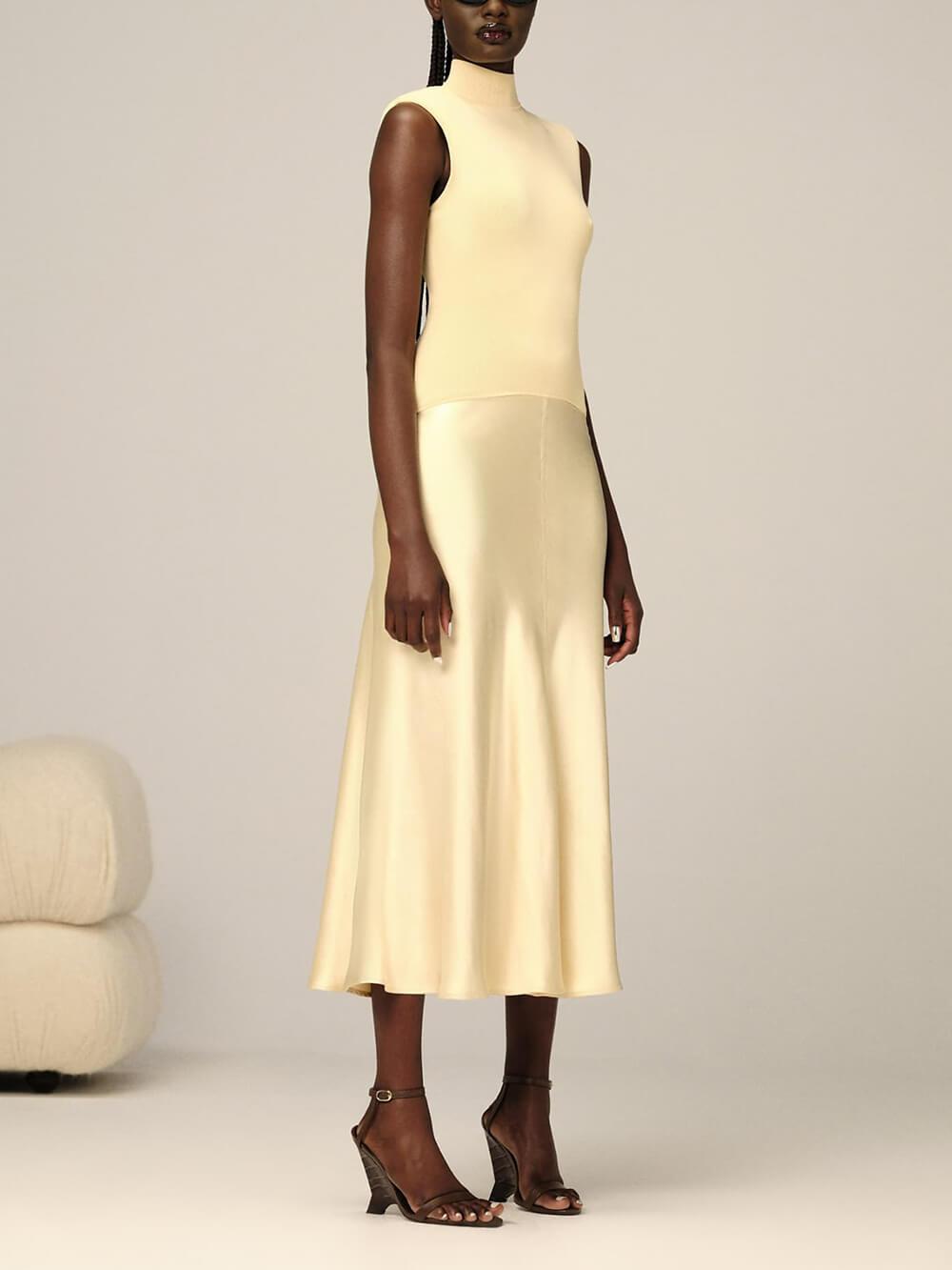 Aurohaya Elegant Knitted Satin Spliced Low-Waist Midi Dress Yellow