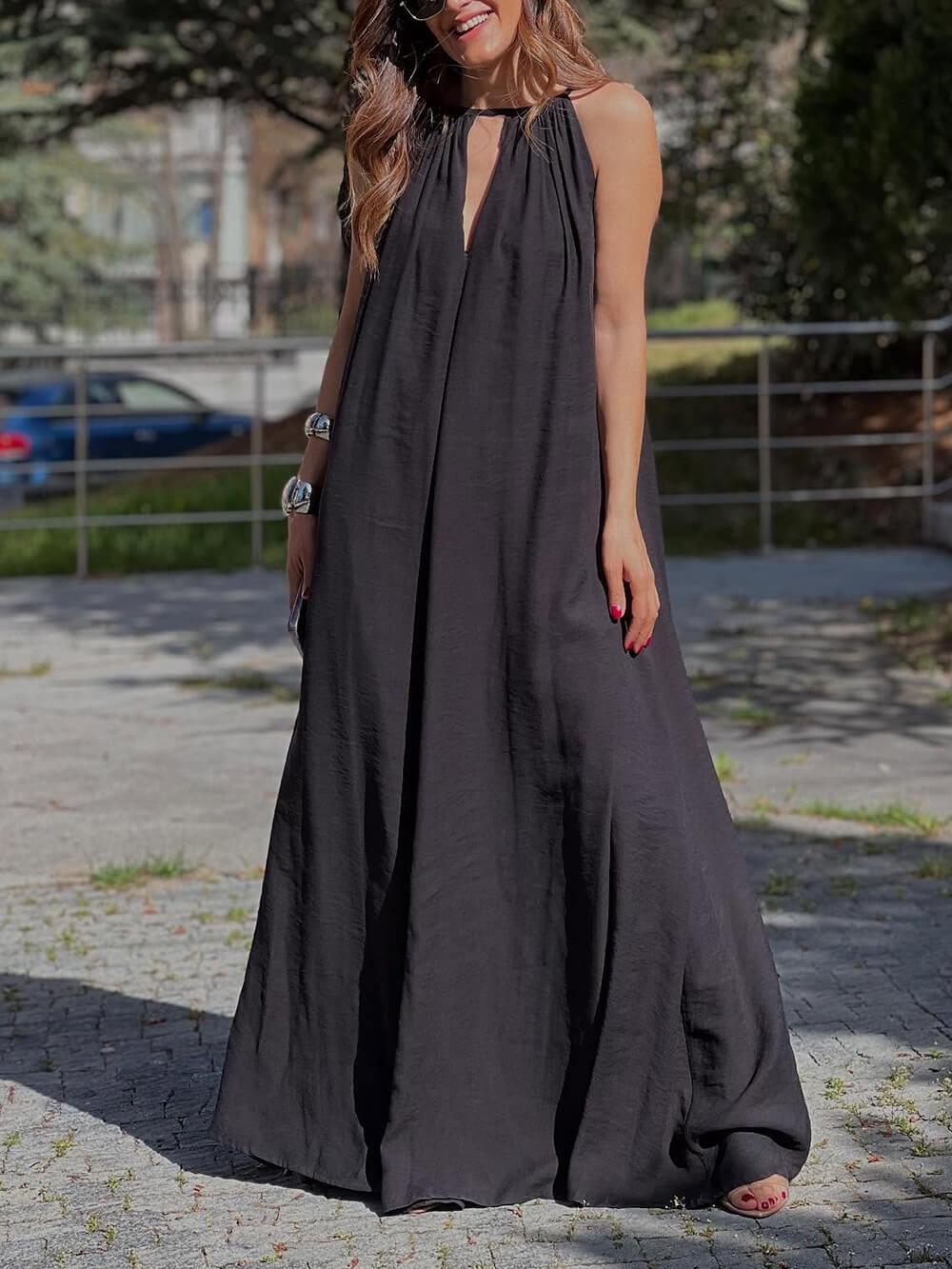 Aurohaya Elegant Off-Shoulder V-Neck A-Line Maxi Dress Black