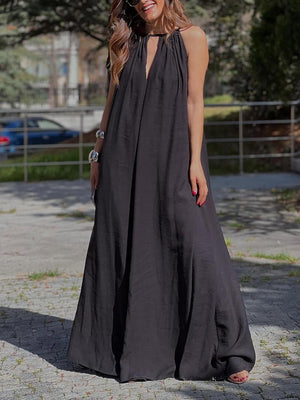 Aurohaya Elegant Off-Shoulder V-Neck A-Line Maxi Dress Black