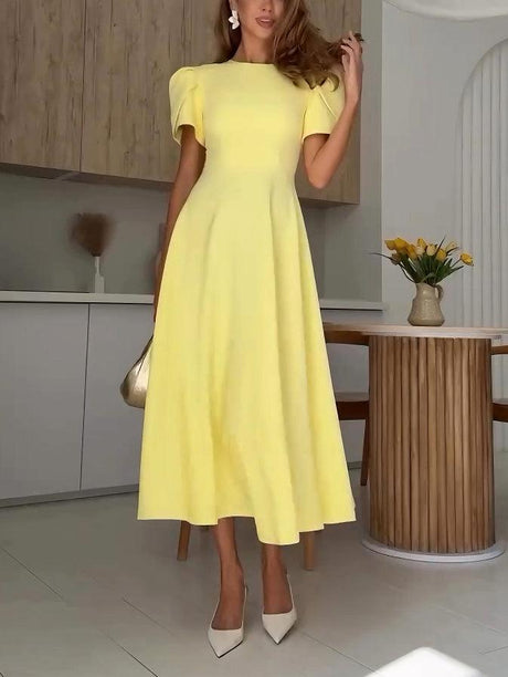 Aurohaya Elegant High-neck Bud Sleeve Midi Dress