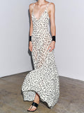 Elegant Polka Dot Print V-Neck Spaghetti Strap Flounce Hem Maxi Dress
