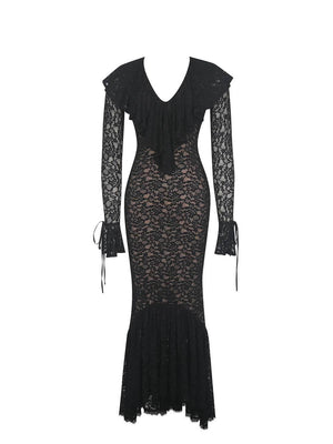 Aurohaya Exquisite Black Lace Ruffle Mermaid Maxi Dress