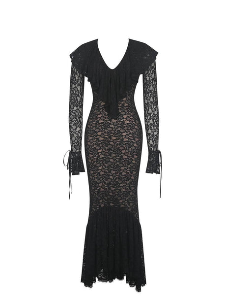 Aurohaya Exquisite Black Lace Ruffle Mermaid Maxi Dress