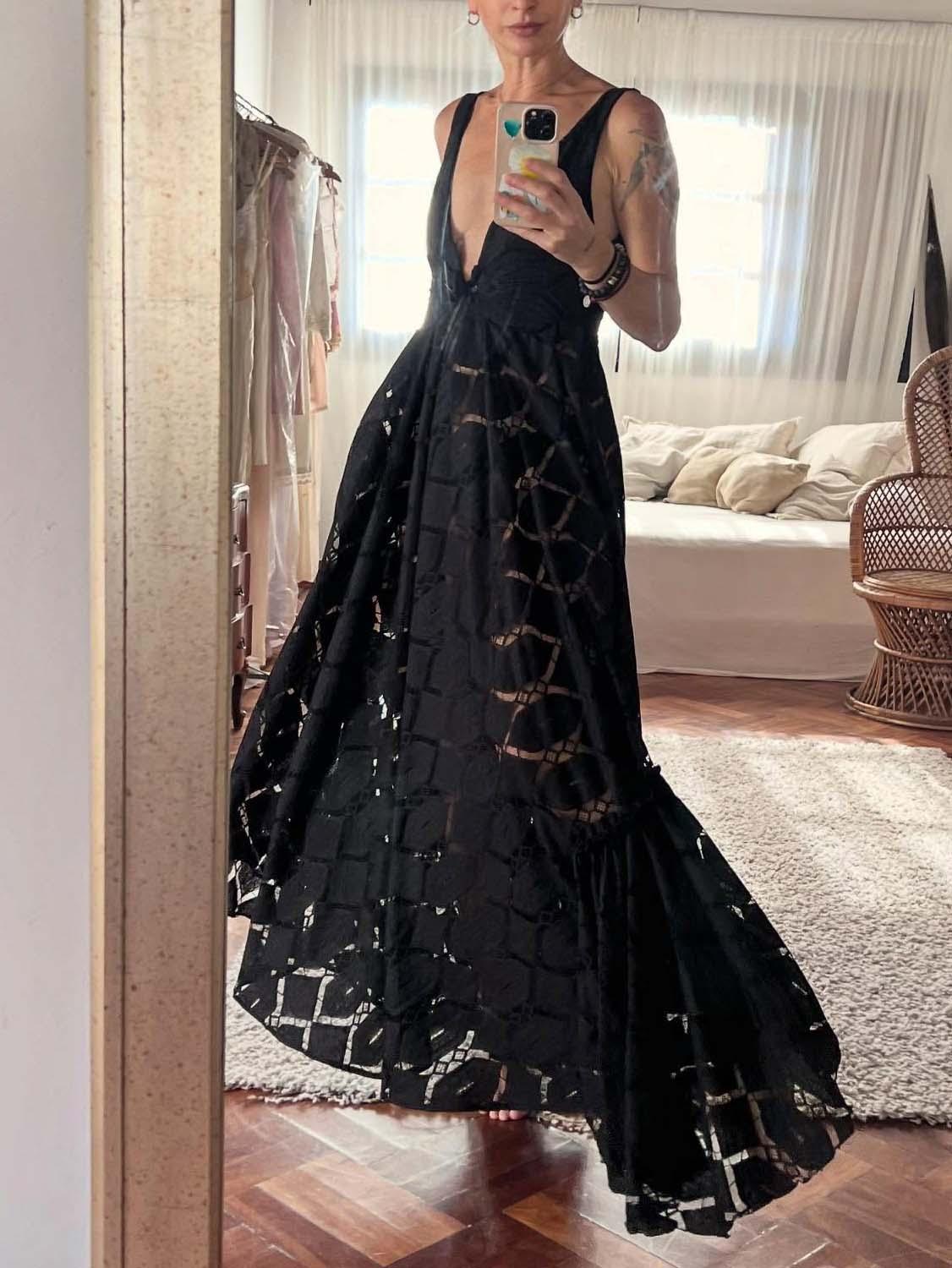 Aurohaya Elegant V-neck Hollow Lace Embroidery A-line Maxi Dress