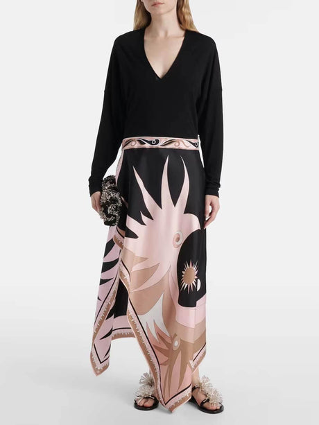 Aurohaya Asymmetrical Colorblock Patchwork Print Maxi Dress Black