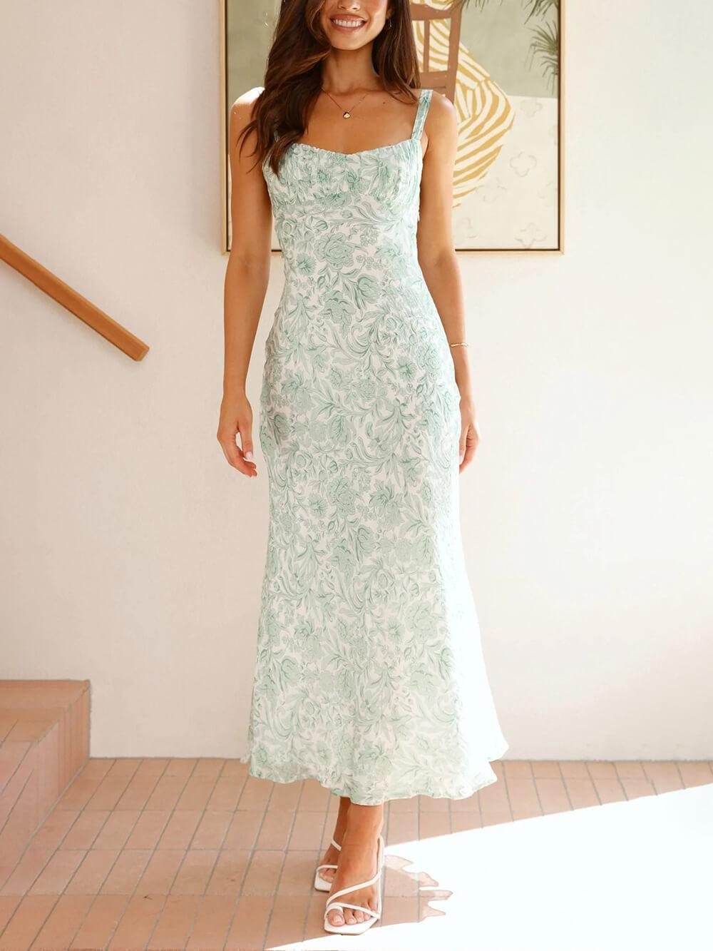 Aurohaya Sophisticated Floral Print Open Back Pleated Midi Dress Green