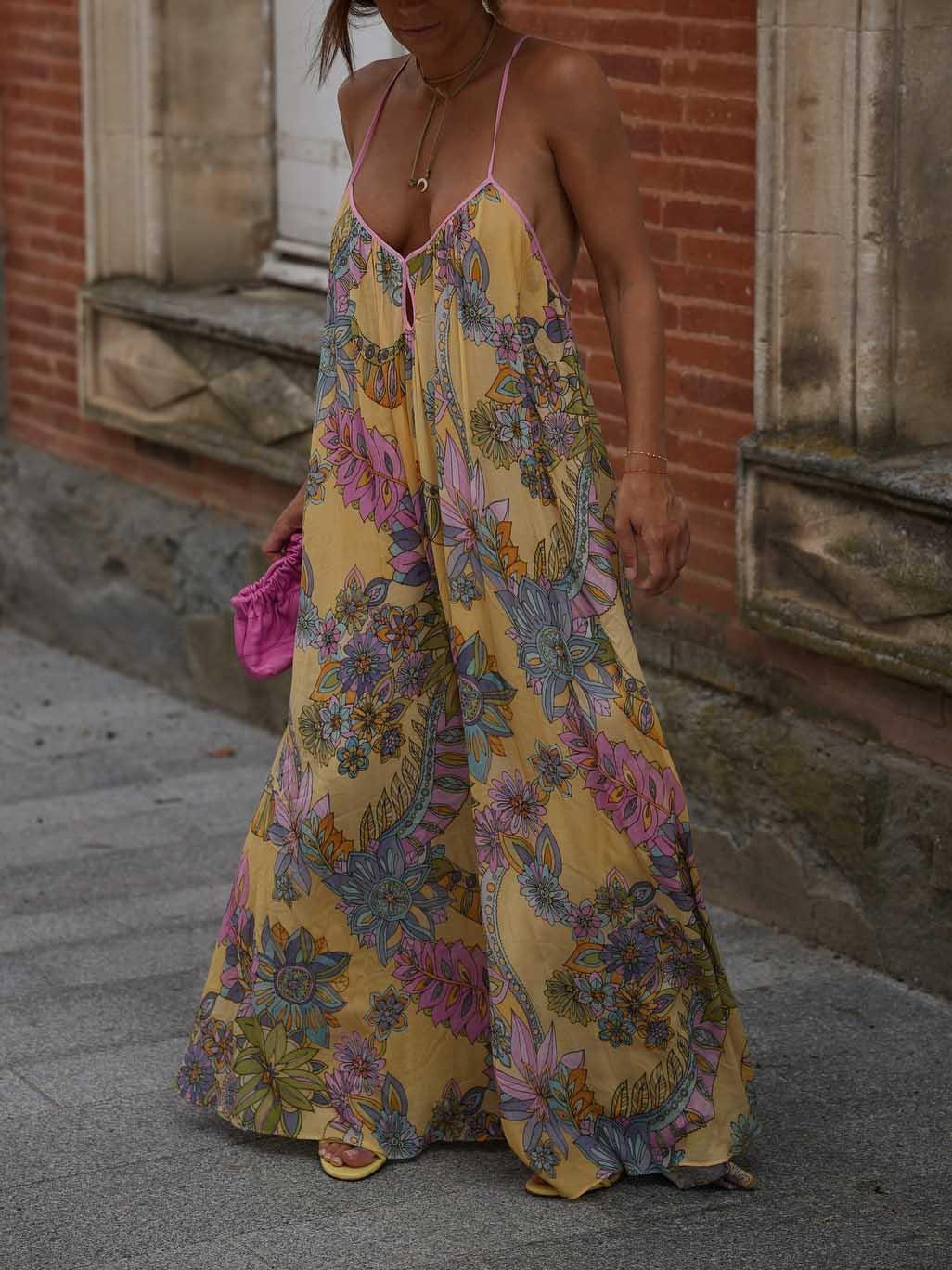 Aurohaya Exquisite Bohemian Print Chiffon Flowy Maxi Dress Yellow