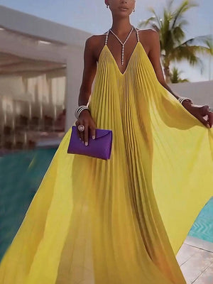 Aurohaya Elegant Pleated V-Neck Backless Chiffon Maxi Dress