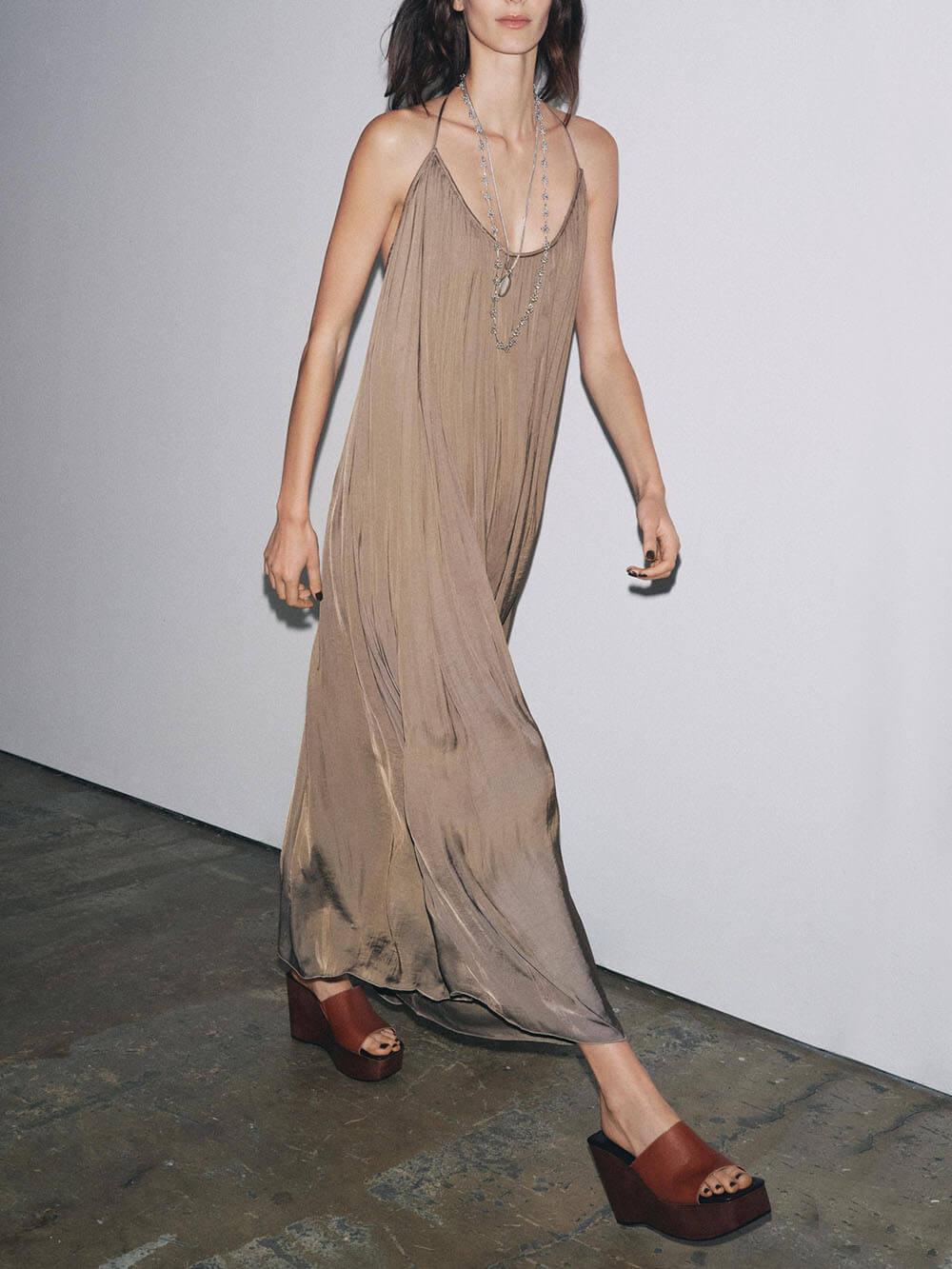 Aurohaya Elegant Pleated V-Neck Halter Maxi Dress Khaki