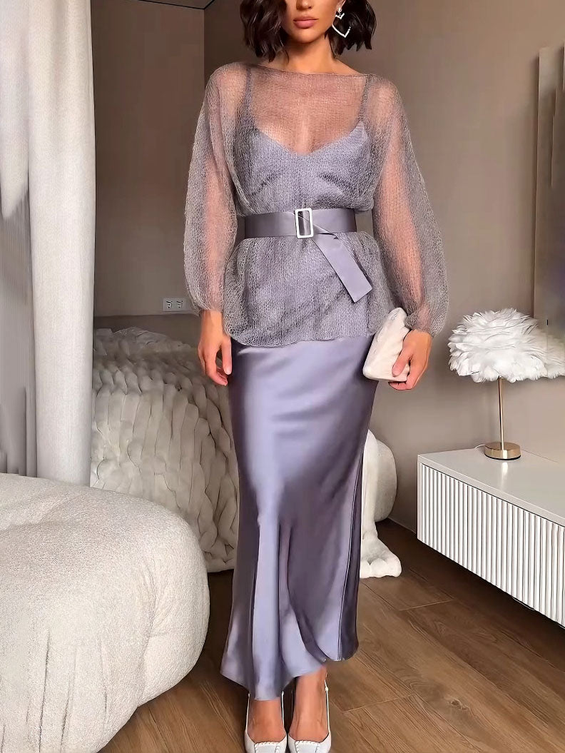 Elegant V-neck Suspender Satin Maxi Dress
