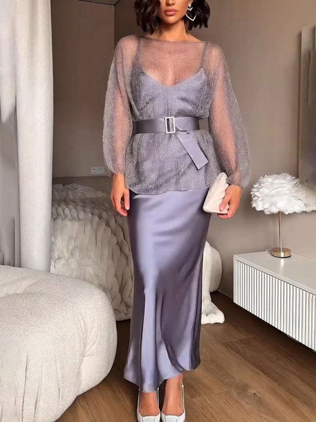 Aurohaya Elegant V-neck Suspender Satin Maxi Dress