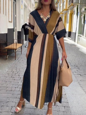 Aurohaya Elegant Irregular Stripe Print Pleated Maxi Dress Blue