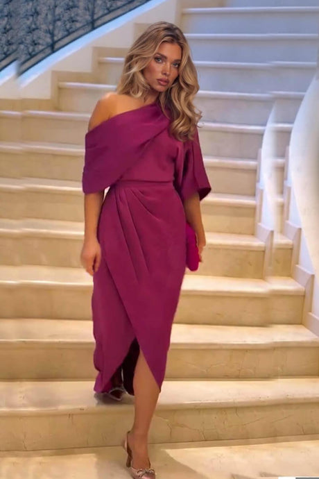 Aurohaya Exquisite Satin Irregular Lapel Neckline Design Ruched Maxi Dress