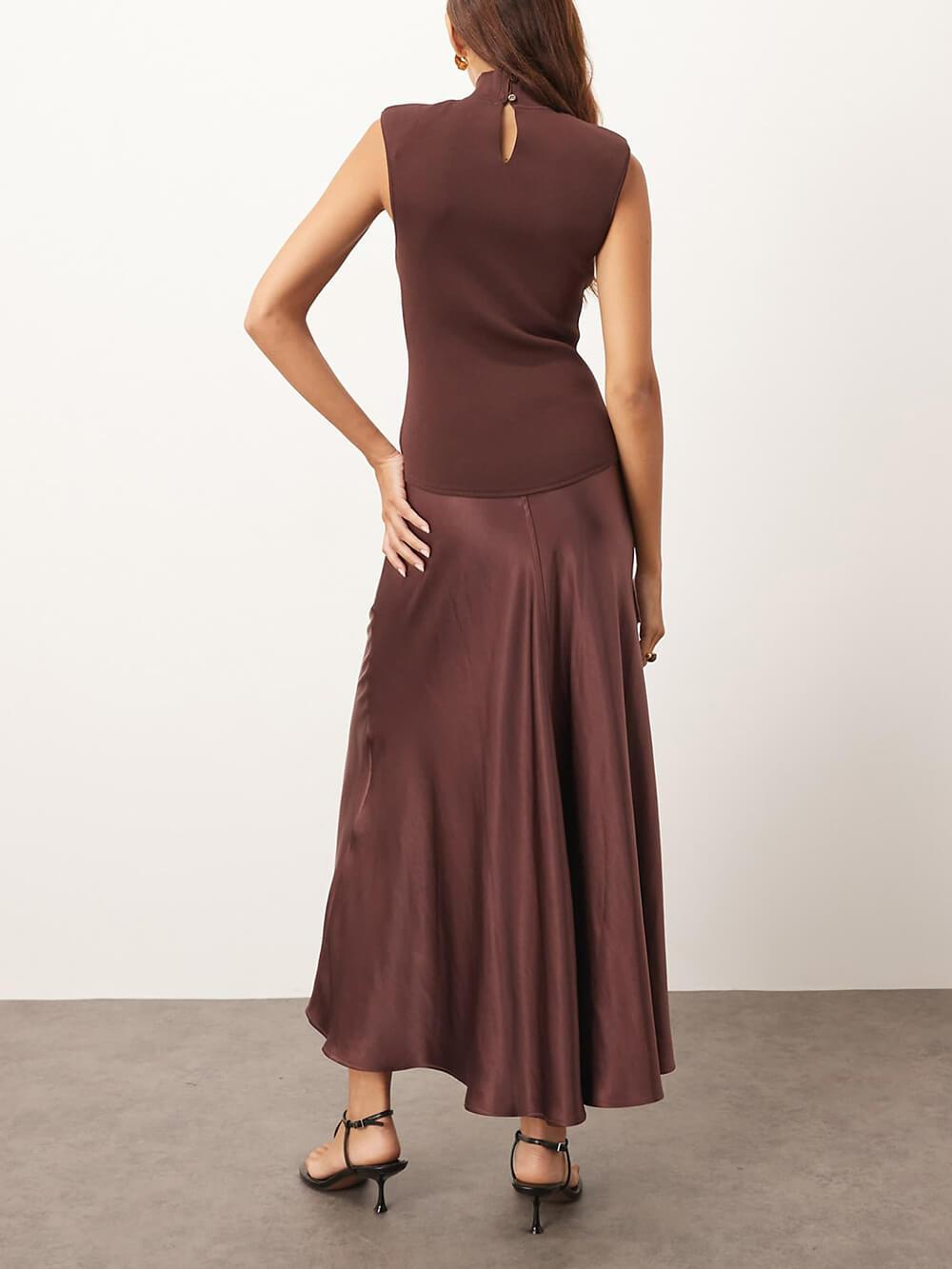Aurohaya Elegant Knitted Satin Spliced Low-Waist Midi Dress